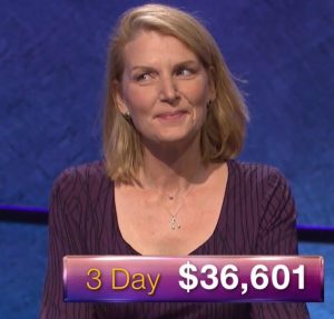 Nan Bauer, tonight's Jeopardy! winner (for the October 25, 2017 episode.)
