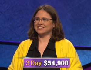 Sarah Jett Rayburn, today's Jeopardy! winner (for the April 28, 2020 game.)