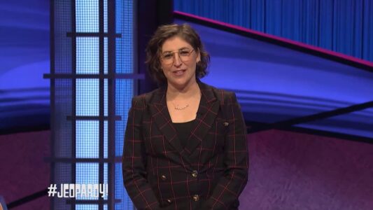 Mayim Bialik hosting Jeopardy! in May 2021.