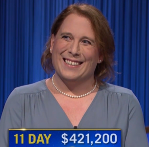 Amy Schneider, today's Jeopardy! winner (for the December 1, 2021 game.)