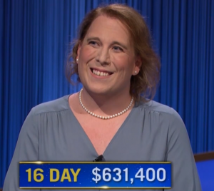 Amy Schneider, today's Jeopardy! winner (for the December 22, 2021 game.)