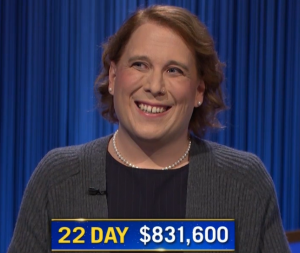 Amy Schneider, today's Jeopardy! winner (for the December 30, 2021 game.)