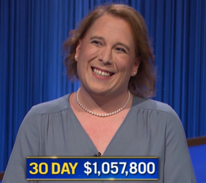 Amy Schneider, today's Jeopardy! winner (for the January 11, 2022 game.)
