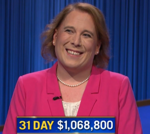 Amy Schneider, today's Jeopardy! winner (for the January 12, 2021 game.)