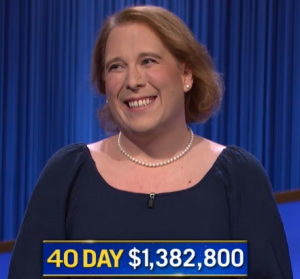 Amy Schneider, today's Jeopardy! winner (for the January 25, 2022 game.)