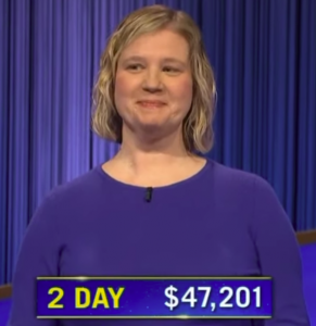Kendra Westerhaus, today's Jeopardy! winner (for the February 14, 2023 game.)