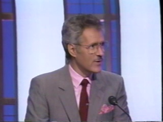 Alex Trebek in a pink shirt on December 2, 1991.