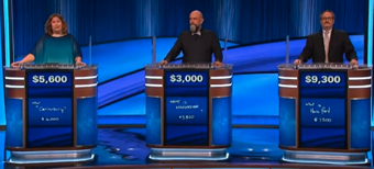 Jeopardy! final scores for the November 27, 2023 game. Nick Cascone leads with $9,300. Jen Jazwinski is second with $5,600. Dennis Chase is third with $3,000.
