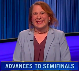 Amy Schneider, today's Jeopardy! winner (for the March 25, 2024 game.)