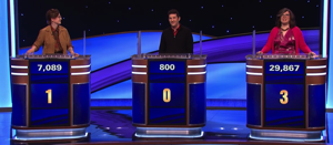 Today's Jeopardy! Masters scores for May 1, 2024 (game 1).