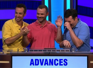 Three Almost Dads, today's Pop Culture Jeopardy! winners (for January 22, 2025, episode 22.)
