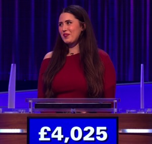 Lizzie Mackarel, today's UK Jeopardy winner (for the March 18, 2025 game.)